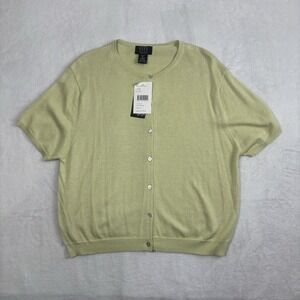 VTG City Silk Blend Knit Green Button Up Short Sleeve Sweater Blouse Women's XL